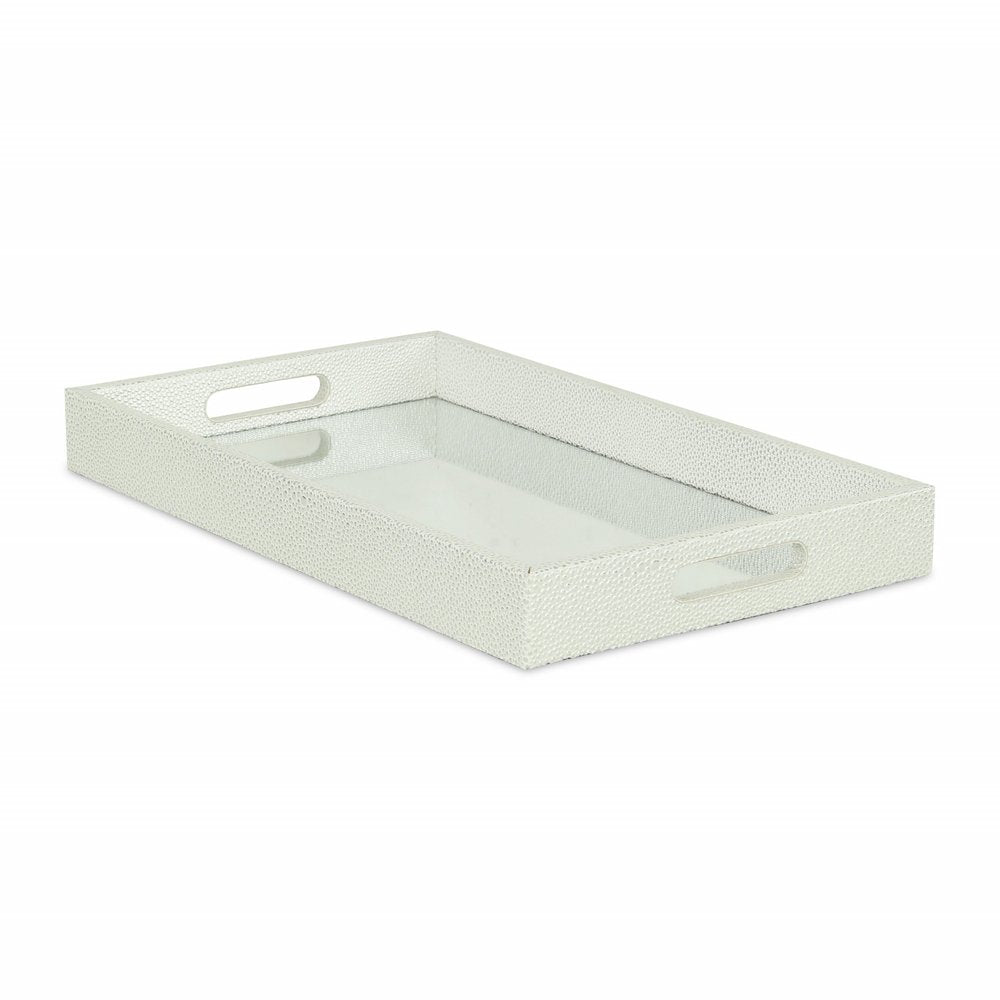 16" White Silver Rectangular Wood Handmade Tray With Handles HomeRoots