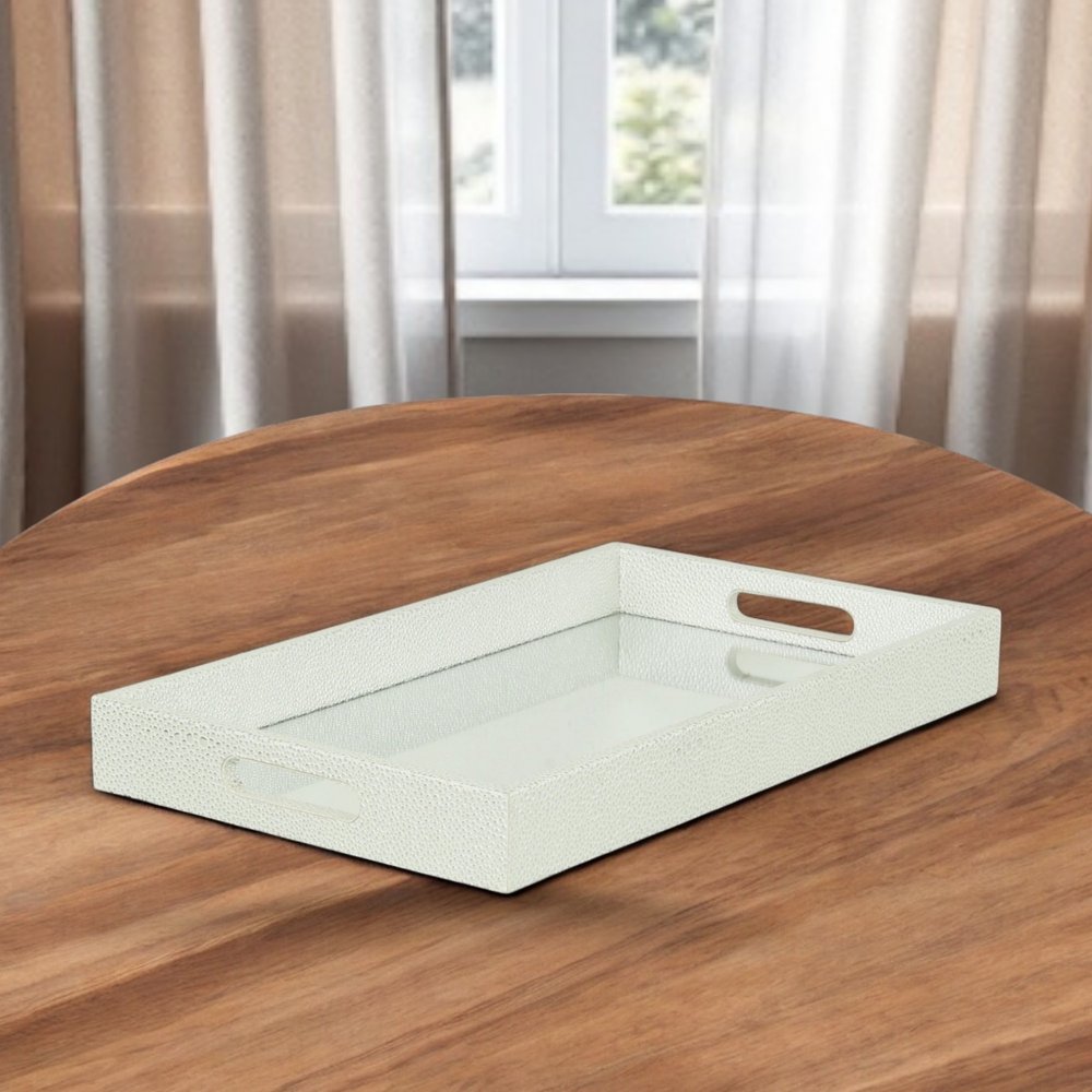 16" White Silver Rectangular Wood Handmade Tray With Handles HomeRoots