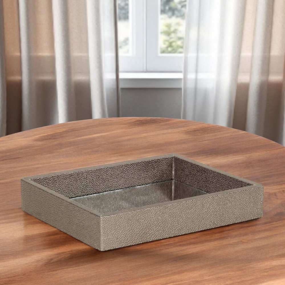 10" Gray Mirrored Glass And Wood Faux Shagreen Vanity Tray HomeRoots