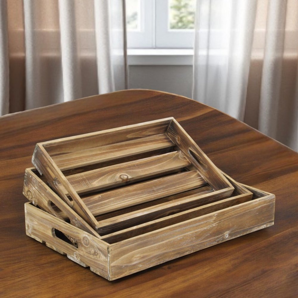 19" Brown Rectangular Wood Handmade Tray With Handles — view 5