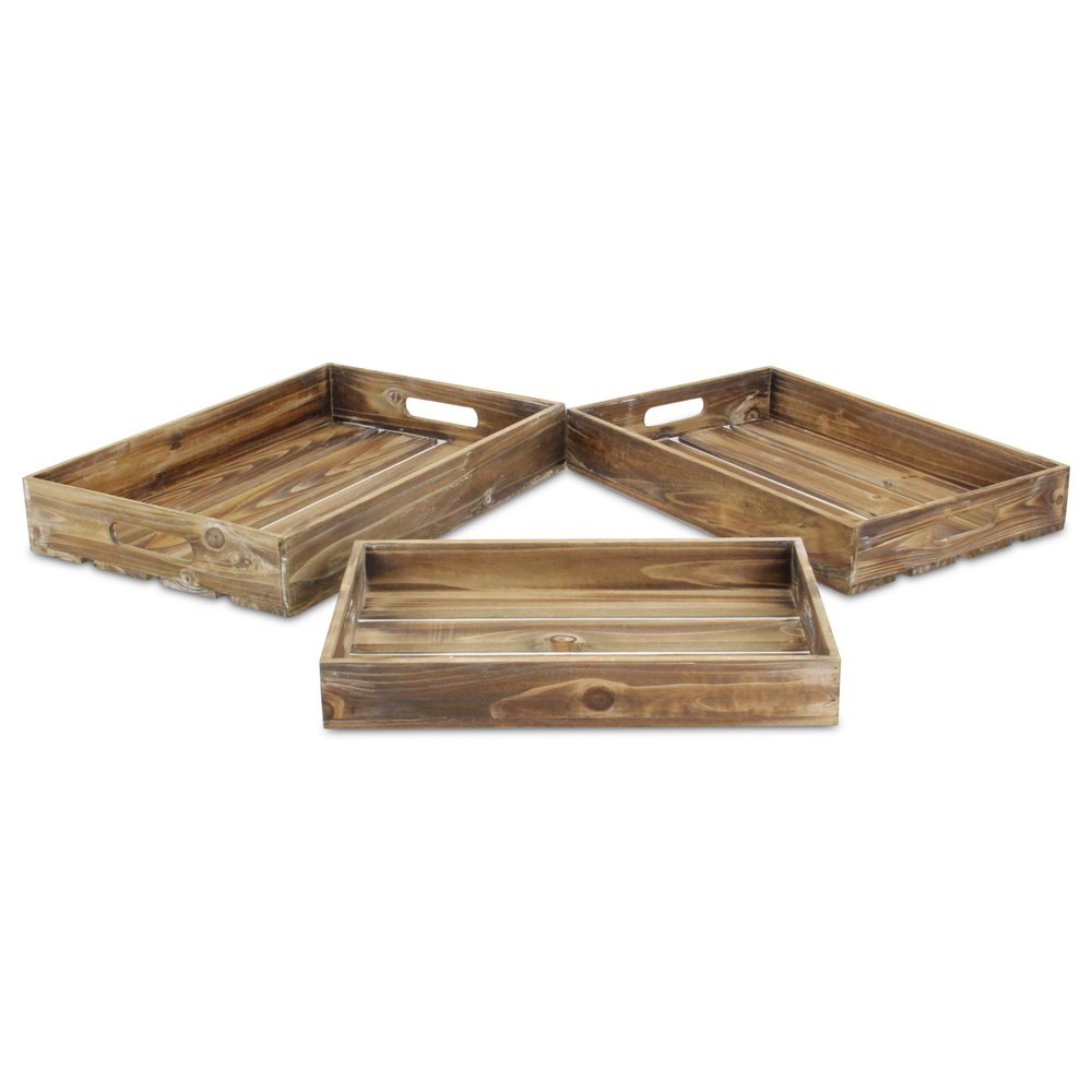 19" Brown Rectangular Wood Handmade Tray With Handles — view 1
