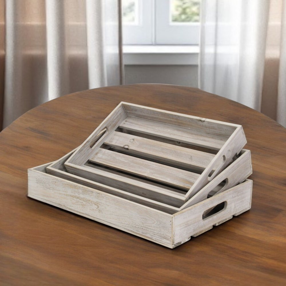 19" Gray Rectangular Wood Handmade Tray With Handles HomeRoots