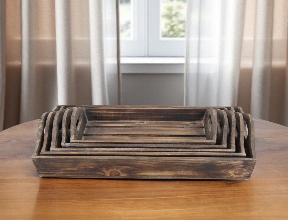 Set Of 5 Rustic Natural Brown Wood Handmade Trays With Handles HomeRoots