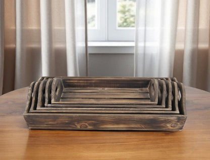 Set Of 5 Rustic Natural Brown Wood Handmade Trays With Handles HomeRoots