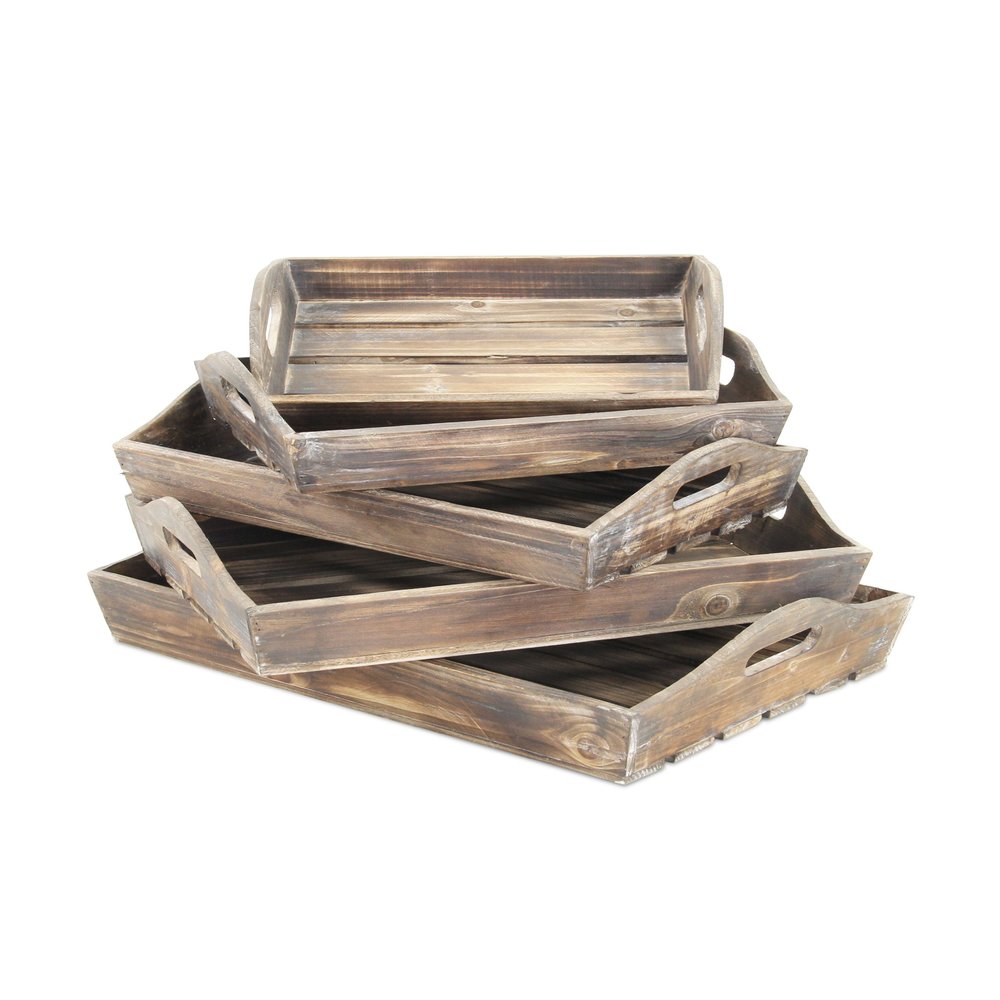 Set Of 5 Rustic Natural Brown Wood Handmade Trays With Handles HomeRoots