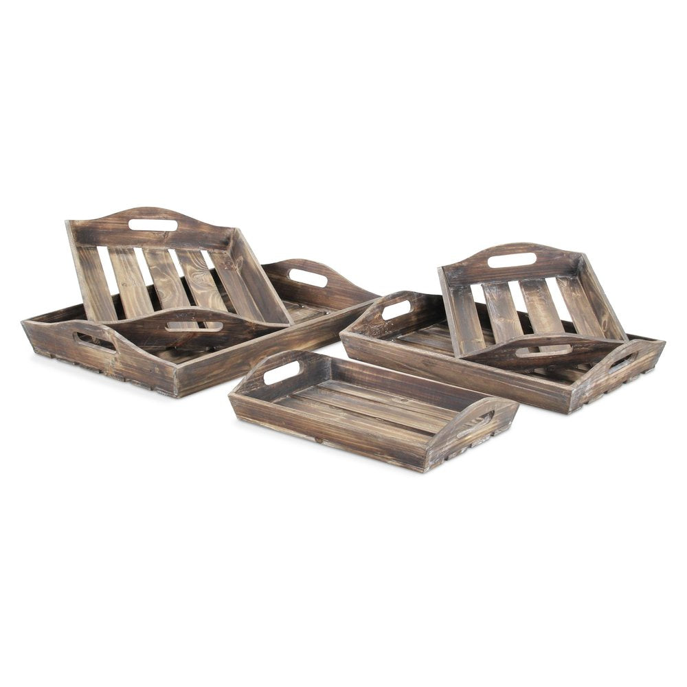 Set Of 5 Rustic Natural Brown Wood Handmade Trays With Handles HomeRoots