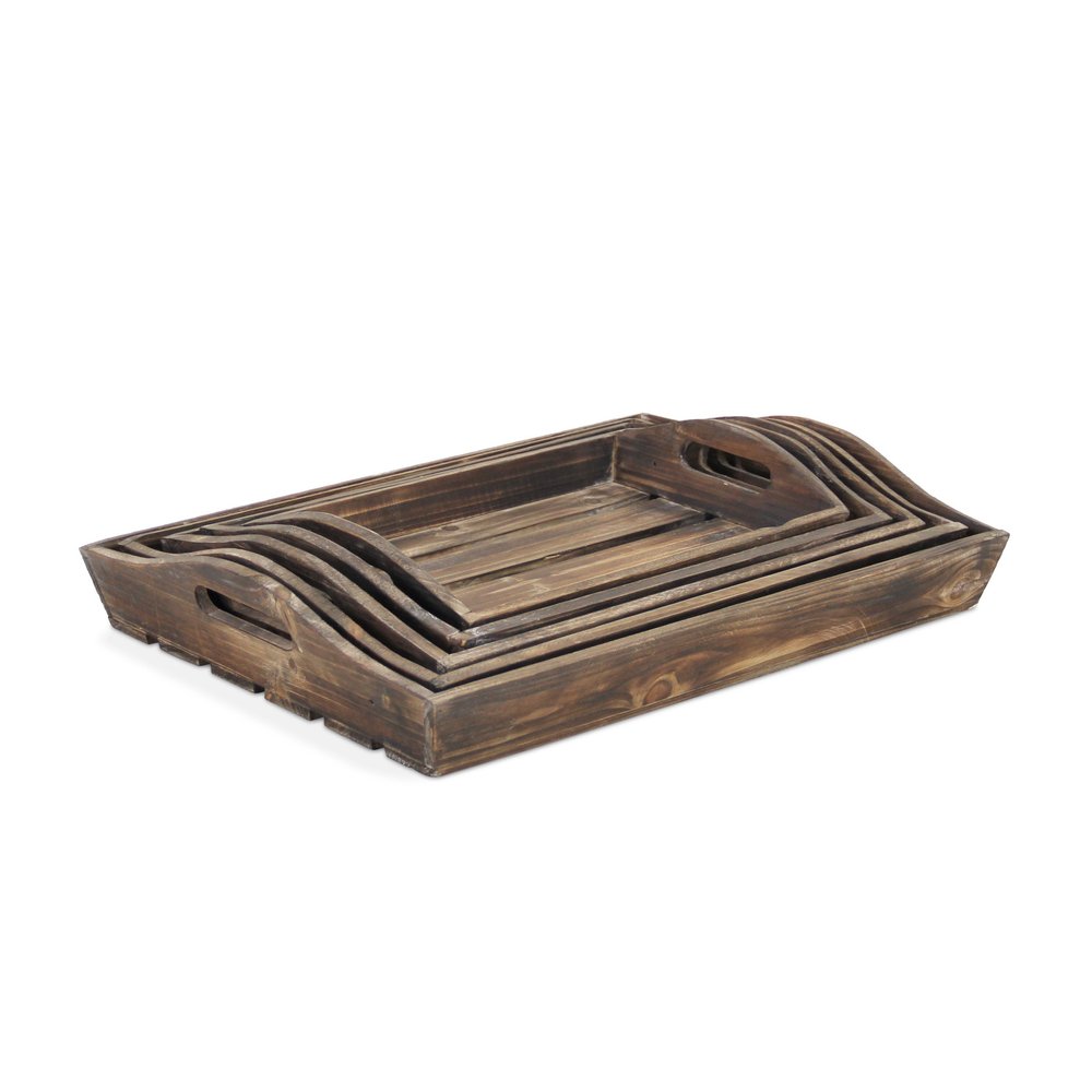 Set Of 5 Rustic Natural Brown Wood Handmade Trays With Handles HomeRoots