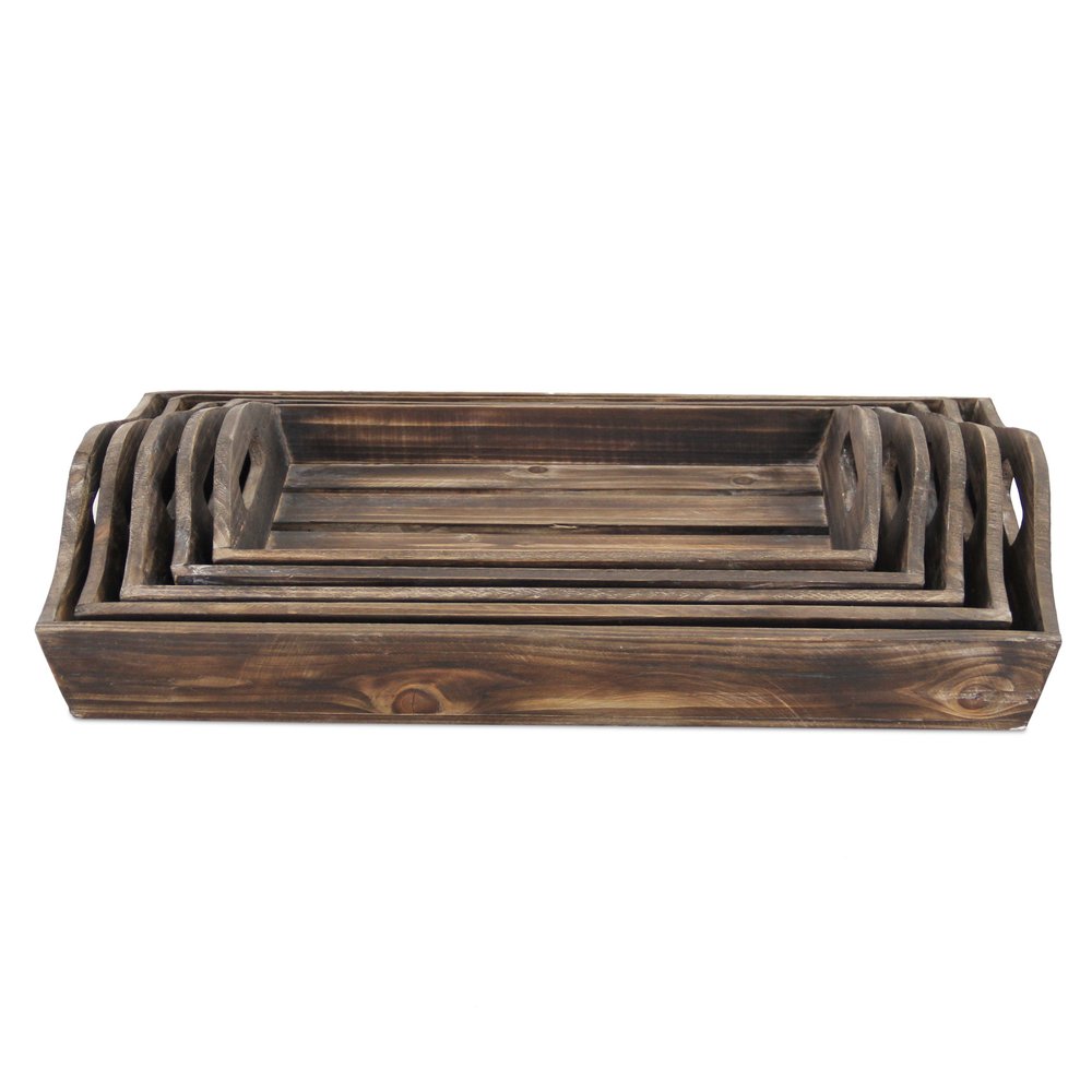 Set Of 5 Rustic Natural Brown Wood Handmade Trays With Handles HomeRoots