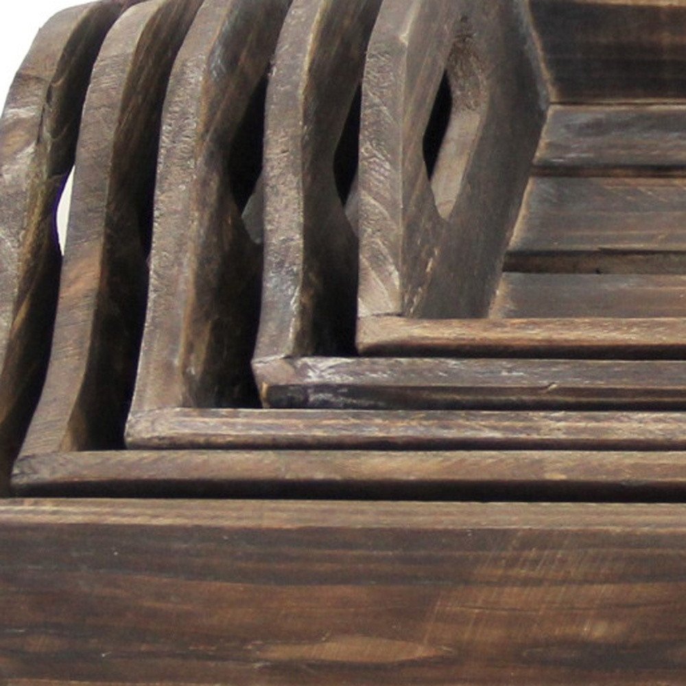 Set Of 5 Rustic Natural Brown Wood Handmade Trays With Handles HomeRoots