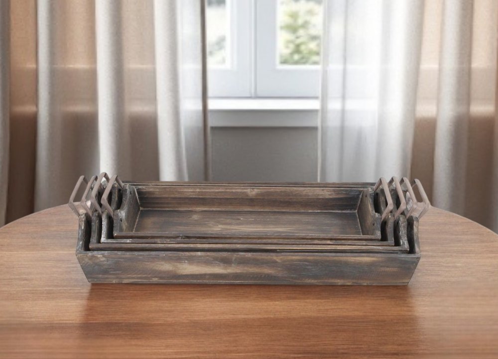 Set of Four Brown Wood Handmade Serving Tray With Handles HomeRoots