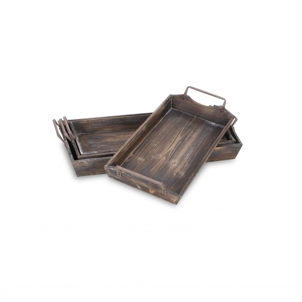 Set of Four Brown Wood Handmade Serving Tray With Handles — view 2