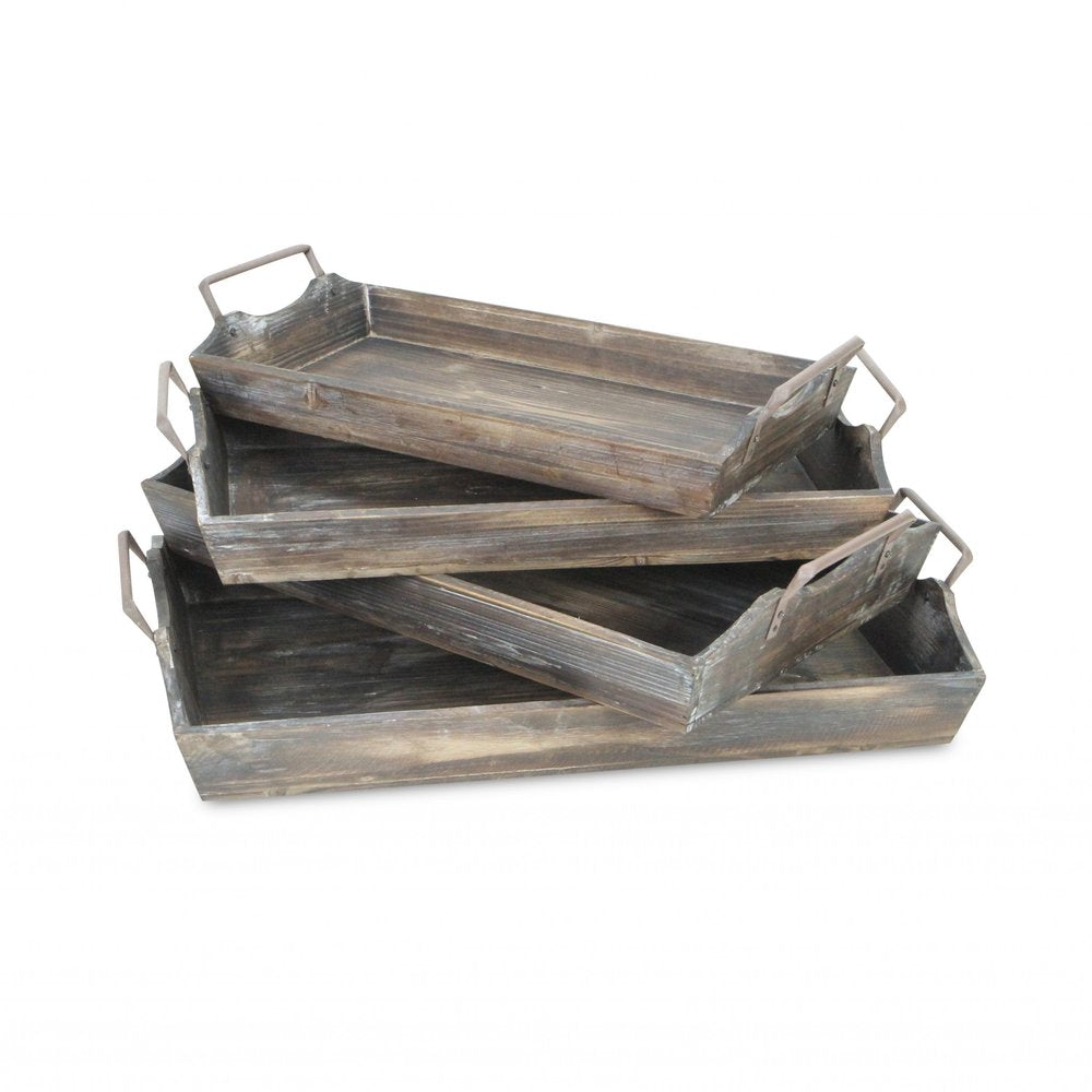 Set of Four Brown Wood Handmade Serving Tray With Handles HomeRoots