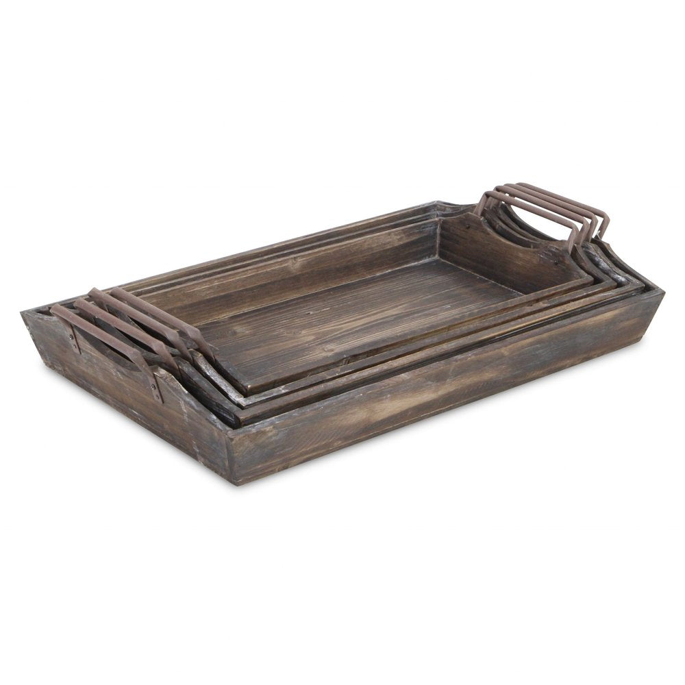 Set of Four Brown Wood Handmade Serving Tray With Handles HomeRoots