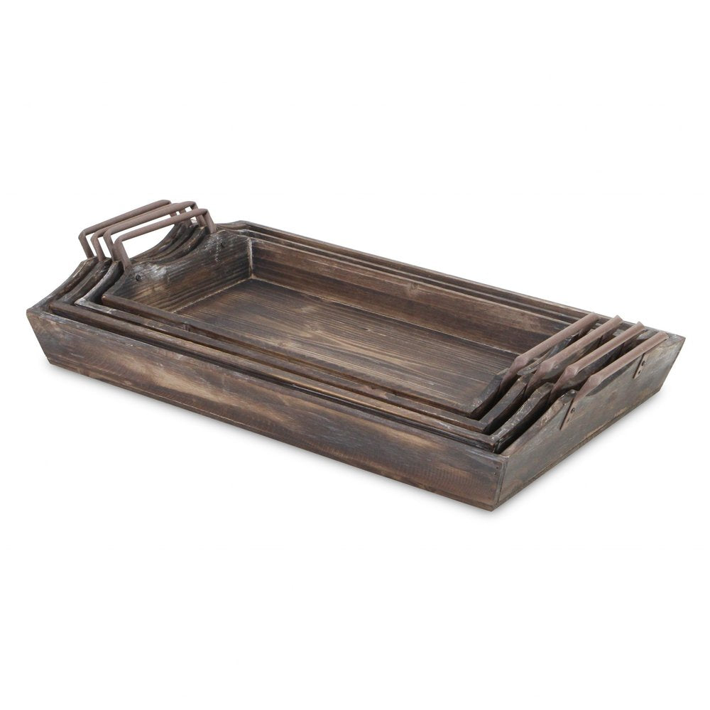 Set of Four Brown Wood Handmade Serving Tray With Handles — view 5