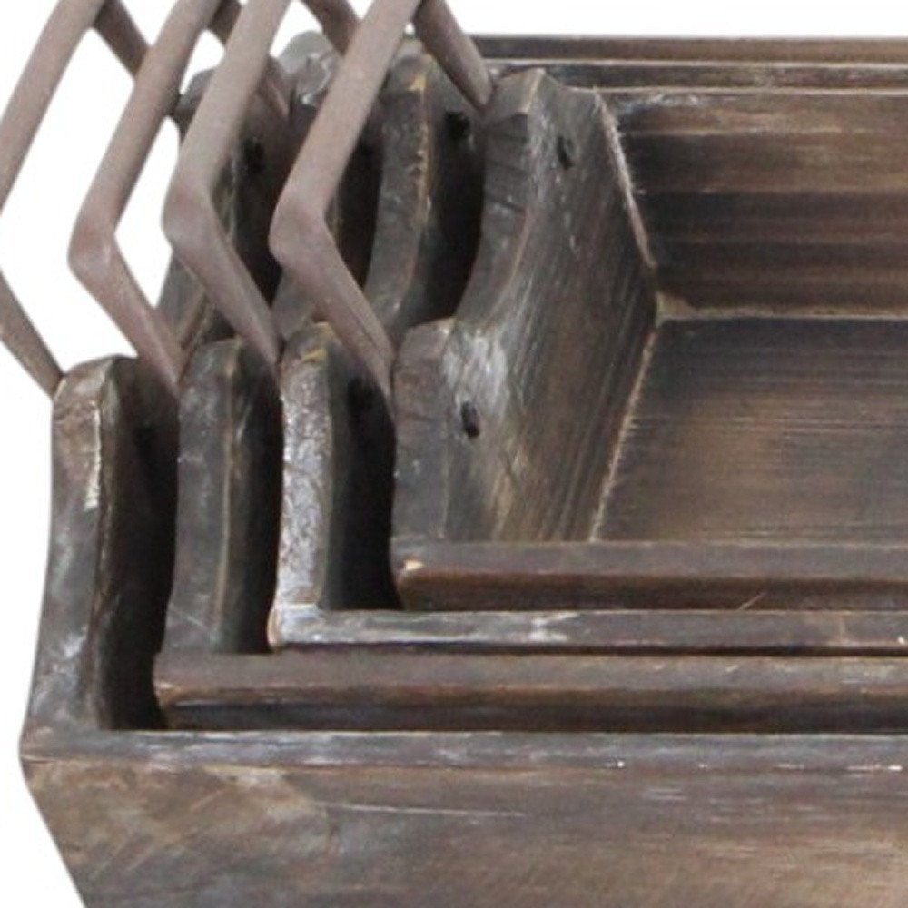 Set of Four Brown Wood Handmade Serving Tray With Handles HomeRoots
