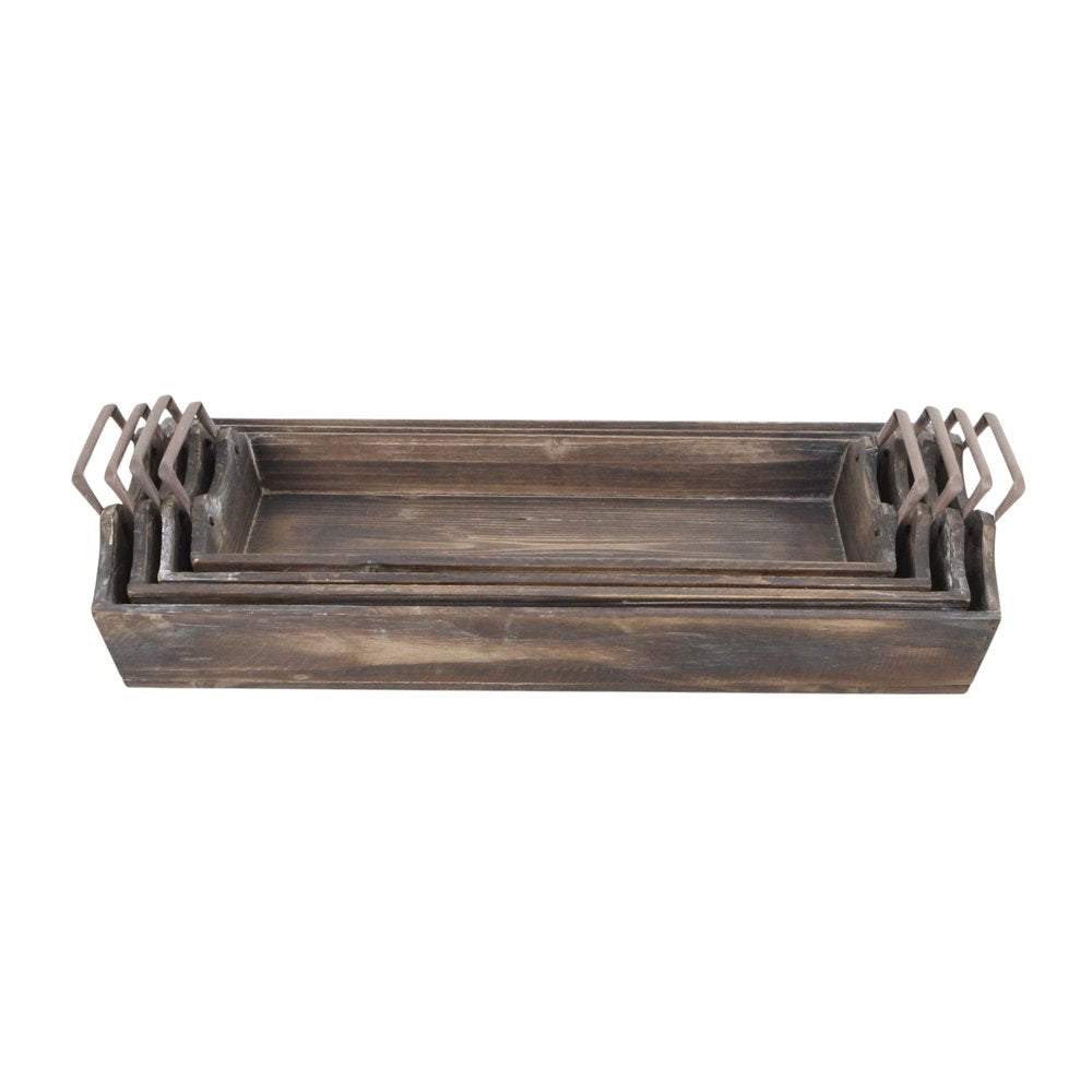 Set of Four Brown Wood Handmade Serving Tray With Handles HomeRoots