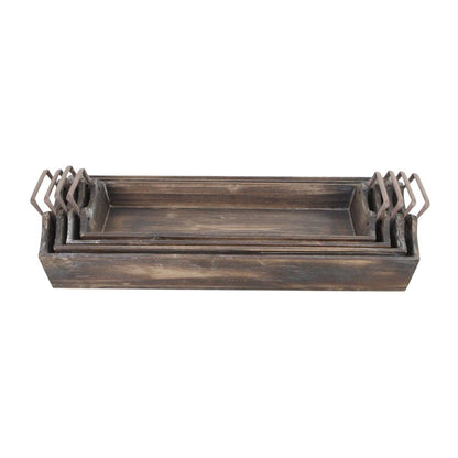 Set of Four Brown Wood Handmade Serving Tray With Handles HomeRoots