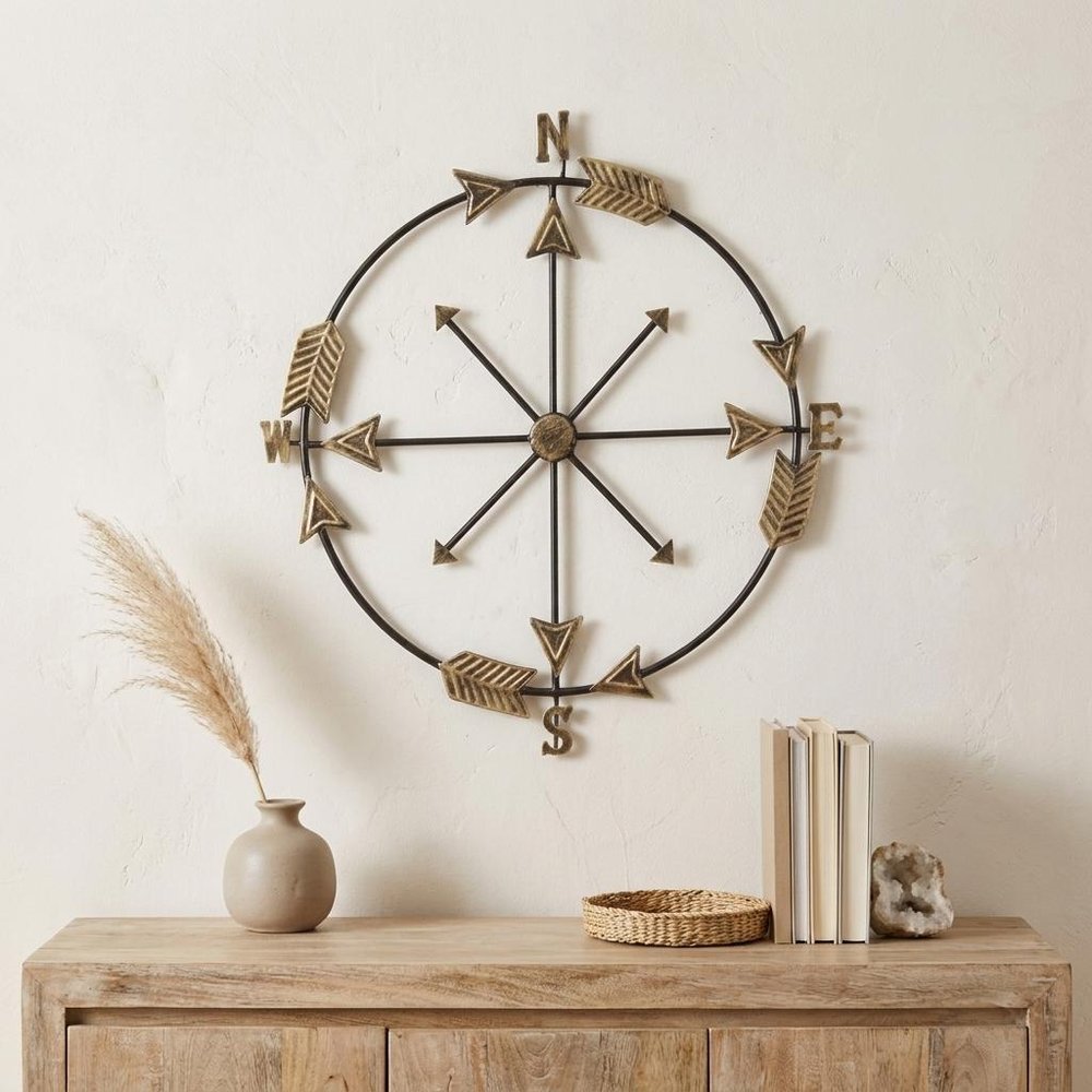 26" X 25" Brass and Black Metal Distressed Compass Wall Decor — view 5