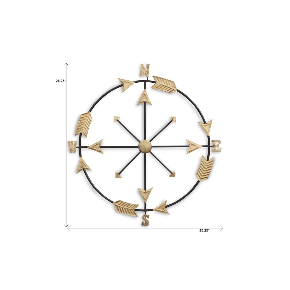 26" X 25" Brass and Black Metal Distressed Compass Wall Decor — view 1