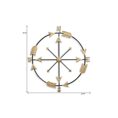 26" X 25" Brass and Black Metal Distressed Compass Wall Decor