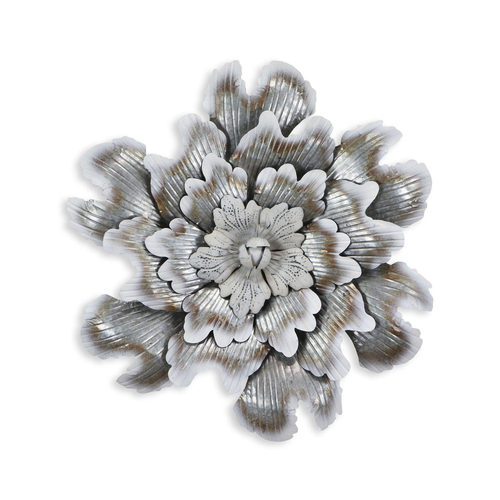 27" X 27" Gray and Off White Galvanized Metal Flower Hanging Dimensional Sculpture — view 1