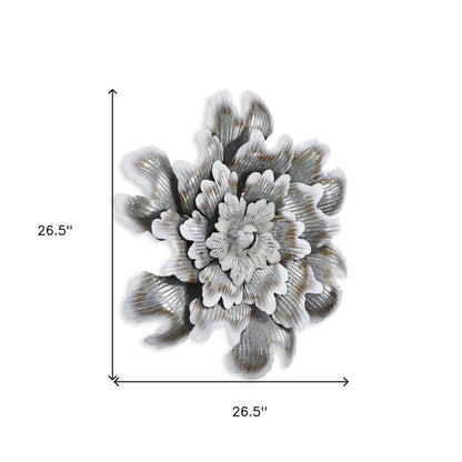 27" X 27" Gray and Off White Galvanized Metal Flower Hanging Dimensional Sculpture