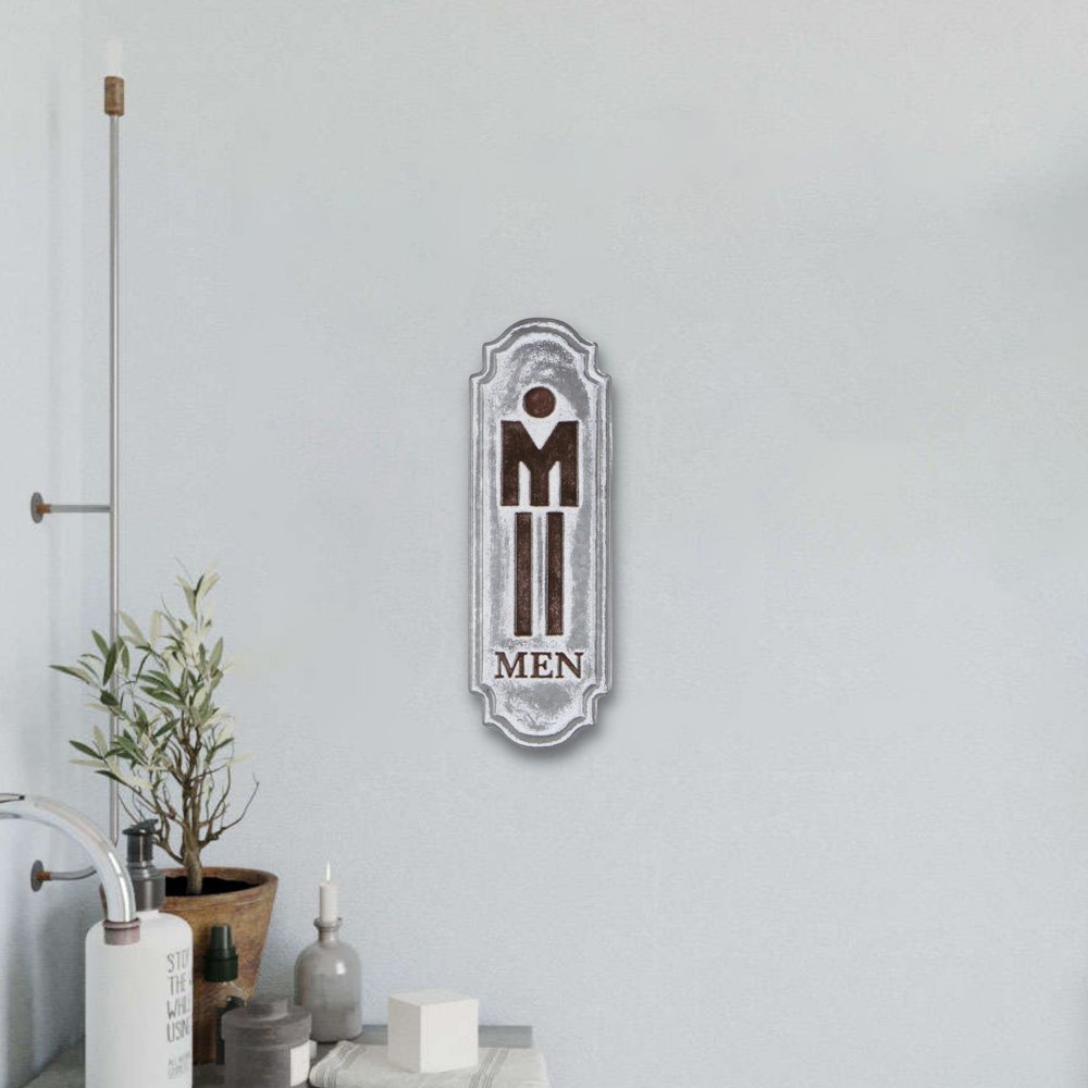 12" X 4" Gray and Brown Handcrafted Mens Room Metal Wall Decor — view 5