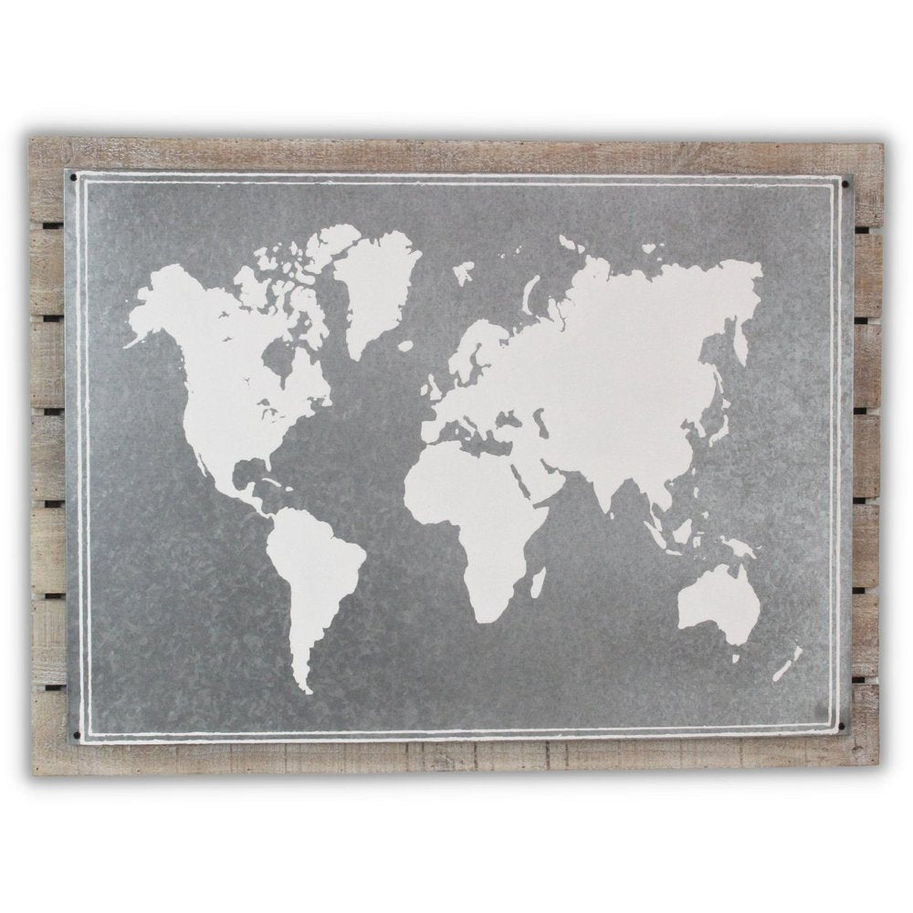 25" X 34" Brown and Gray Wood and Metal World Map Hanging Dimensional Sculpture — view 1