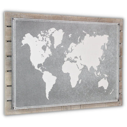25" X 34" Brown and Gray Wood and Metal World Map Hanging Dimensional Sculpture