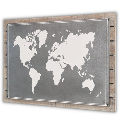 25" X 34" Brown and Gray Wood and Metal World Map Hanging Dimensional Sculpture