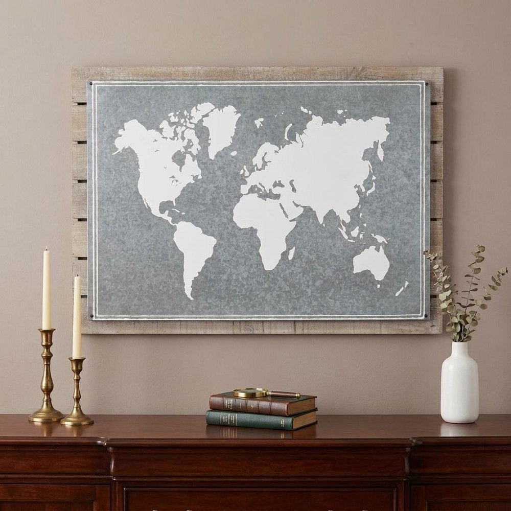 25" X 34" Brown and Gray Wood and Metal World Map Hanging Dimensional Sculpture — view 8