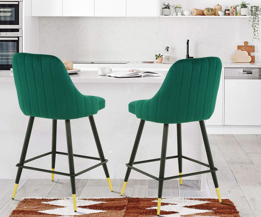 Set of Two 25" Green And Black and Gold Steel Swivel Low Back Counter Height Bar Chairs