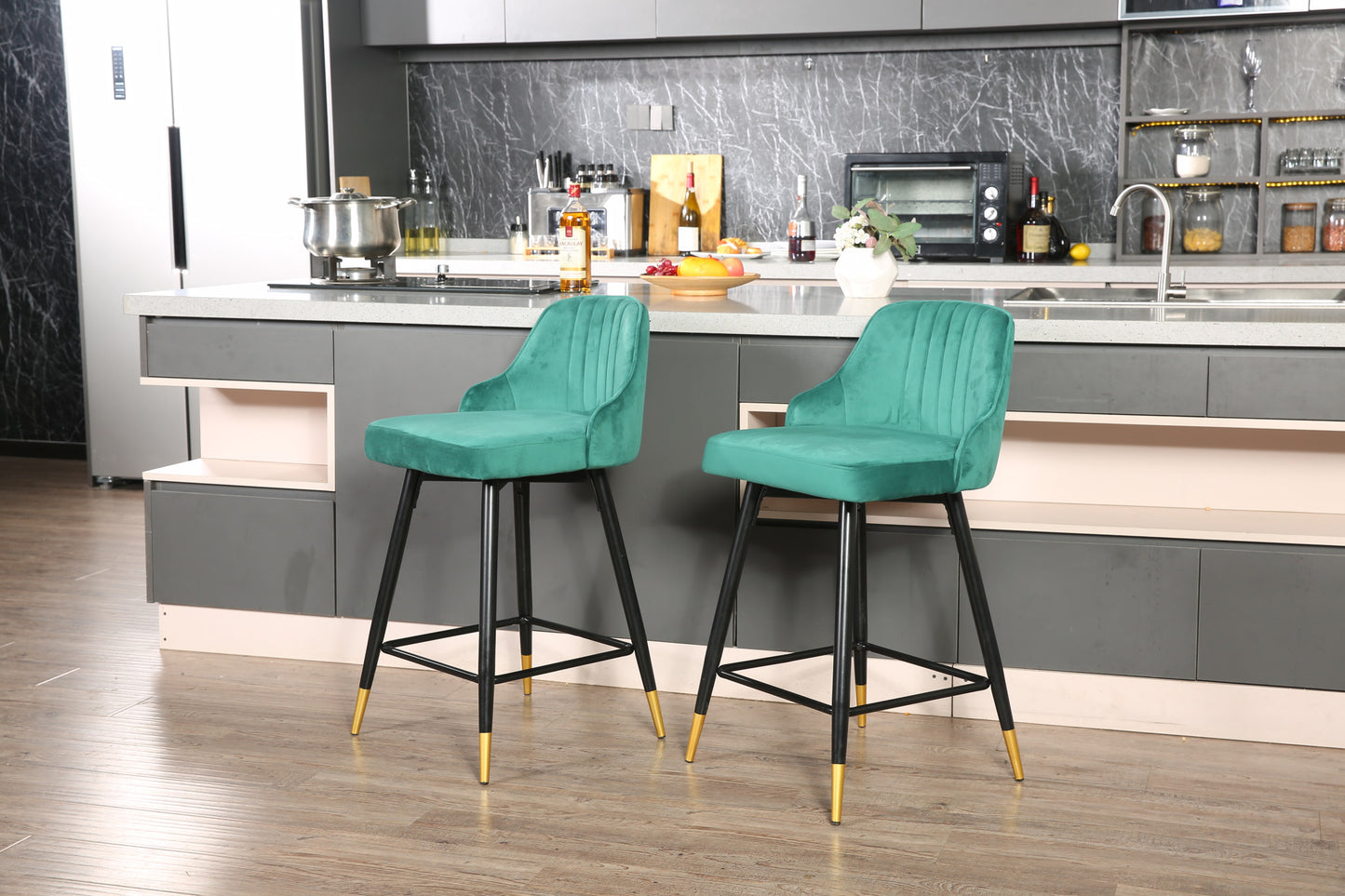 Set of Two 25" Green And Black and Gold Steel Swivel Low Back Counter Height Bar Chairs