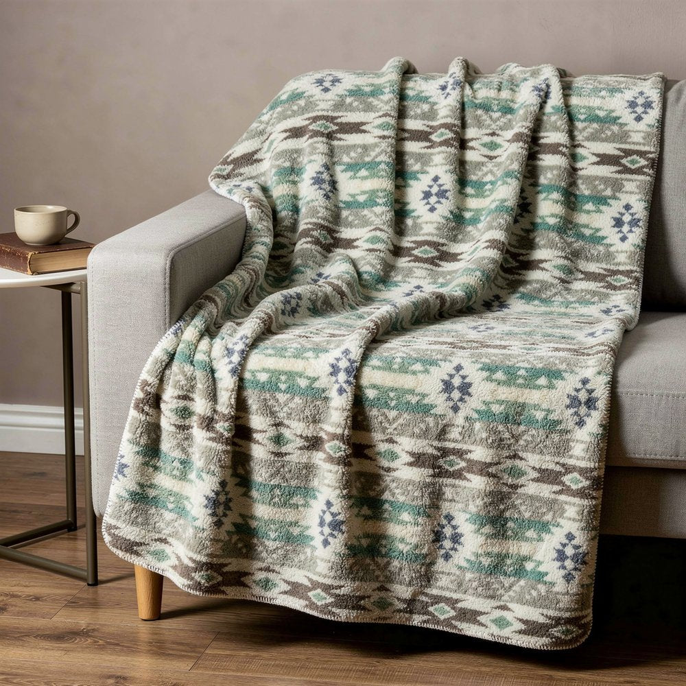 50" X 60" Ivory Gray And Green Faux Sherpa Southwestern Throw Blanket HomeRoots