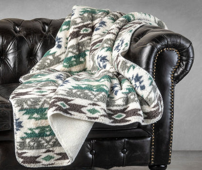 50" X 60" Ivory Gray And Green Faux Sherpa Southwestern Throw Blanket HomeRoots
