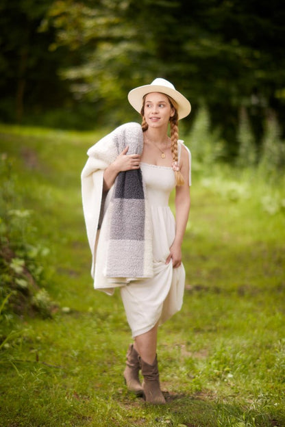 50" X 60" Gray And Ivory Faux Sherpa Plaid Throw Blanket HomeRoots