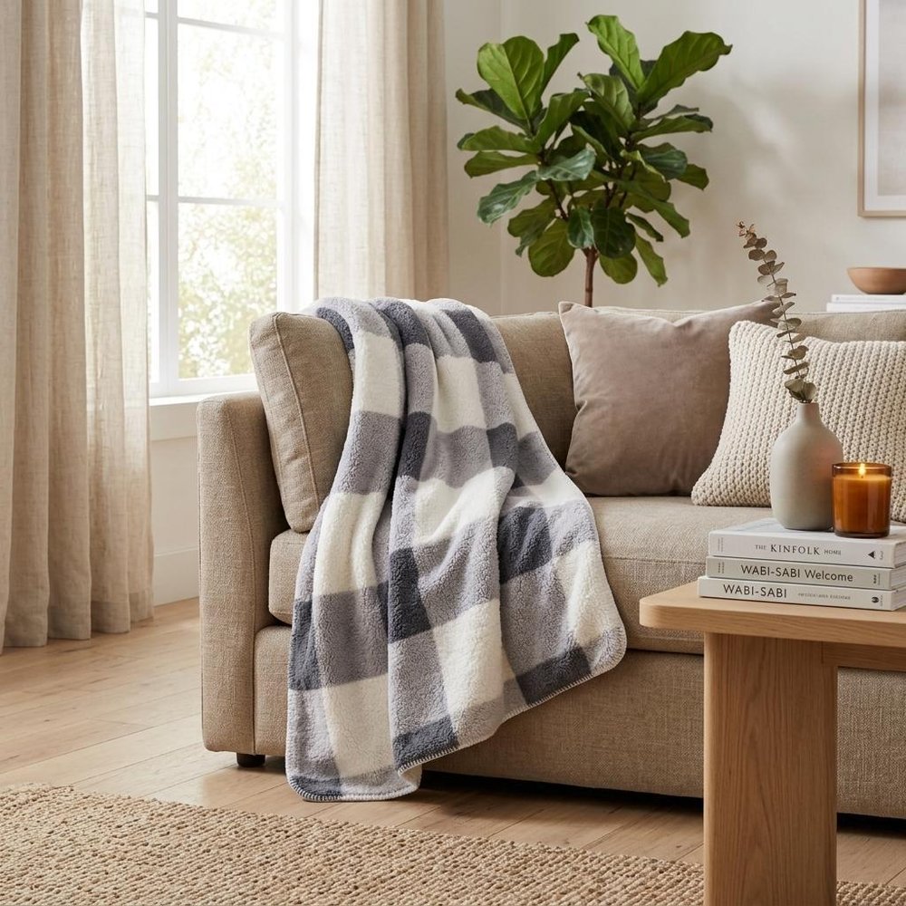 50" X 60" Gray And Ivory Faux Sherpa Plaid Throw Blanket HomeRoots