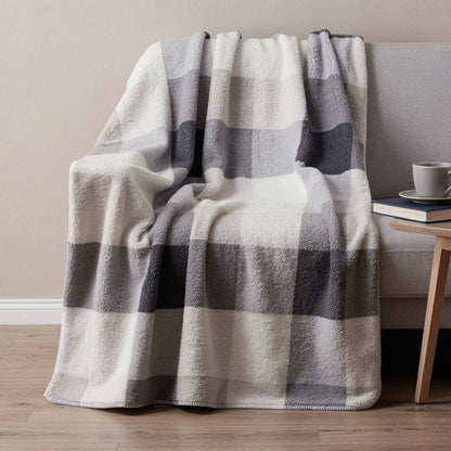 50" X 60" Gray And Ivory Faux Sherpa Plaid Throw Blanket HomeRoots