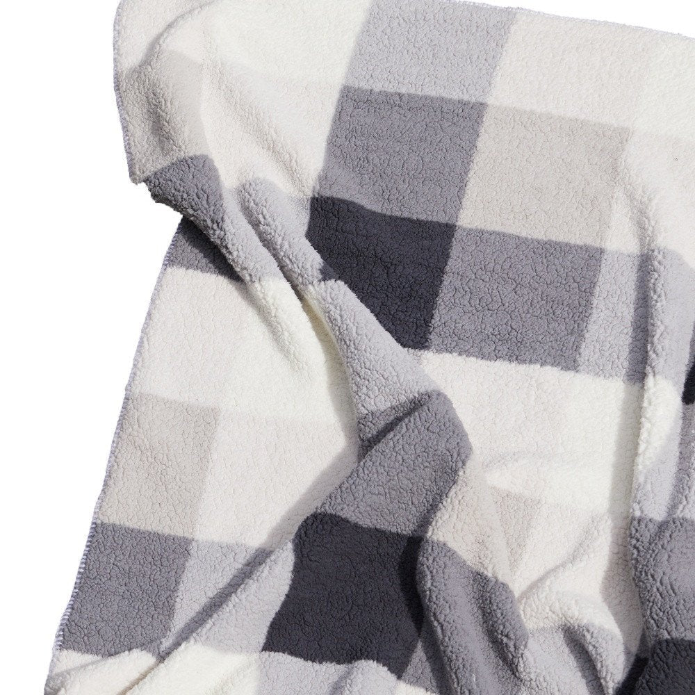 50" X 60" Gray And Ivory Faux Sherpa Plaid Throw Blanket HomeRoots
