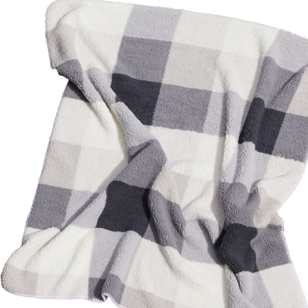 50" X 60" Gray And Ivory Faux Sherpa Plaid Throw Blanket HomeRoots