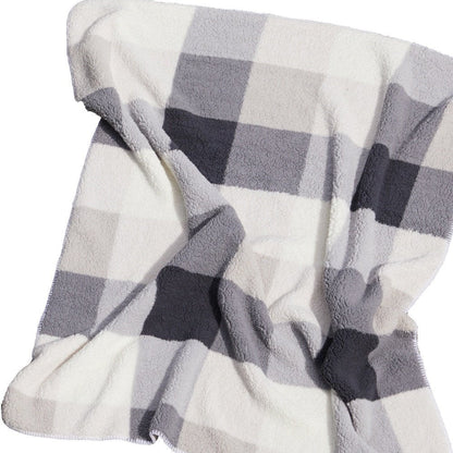 50" X 60" Gray And Ivory Faux Sherpa Plaid Throw Blanket HomeRoots