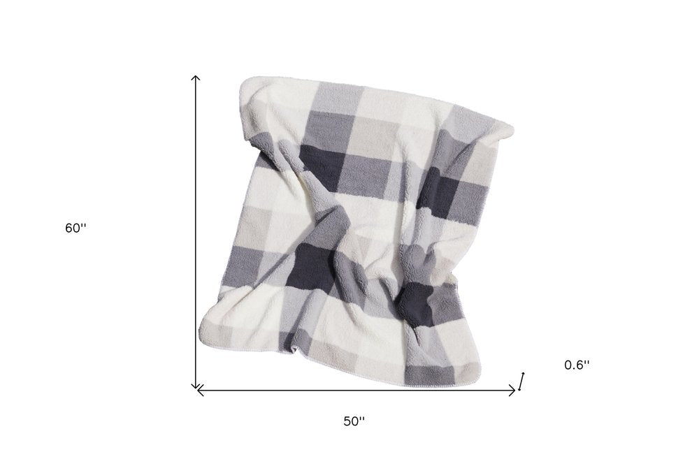 50" X 60" Gray And Ivory Faux Sherpa Plaid Throw Blanket HomeRoots
