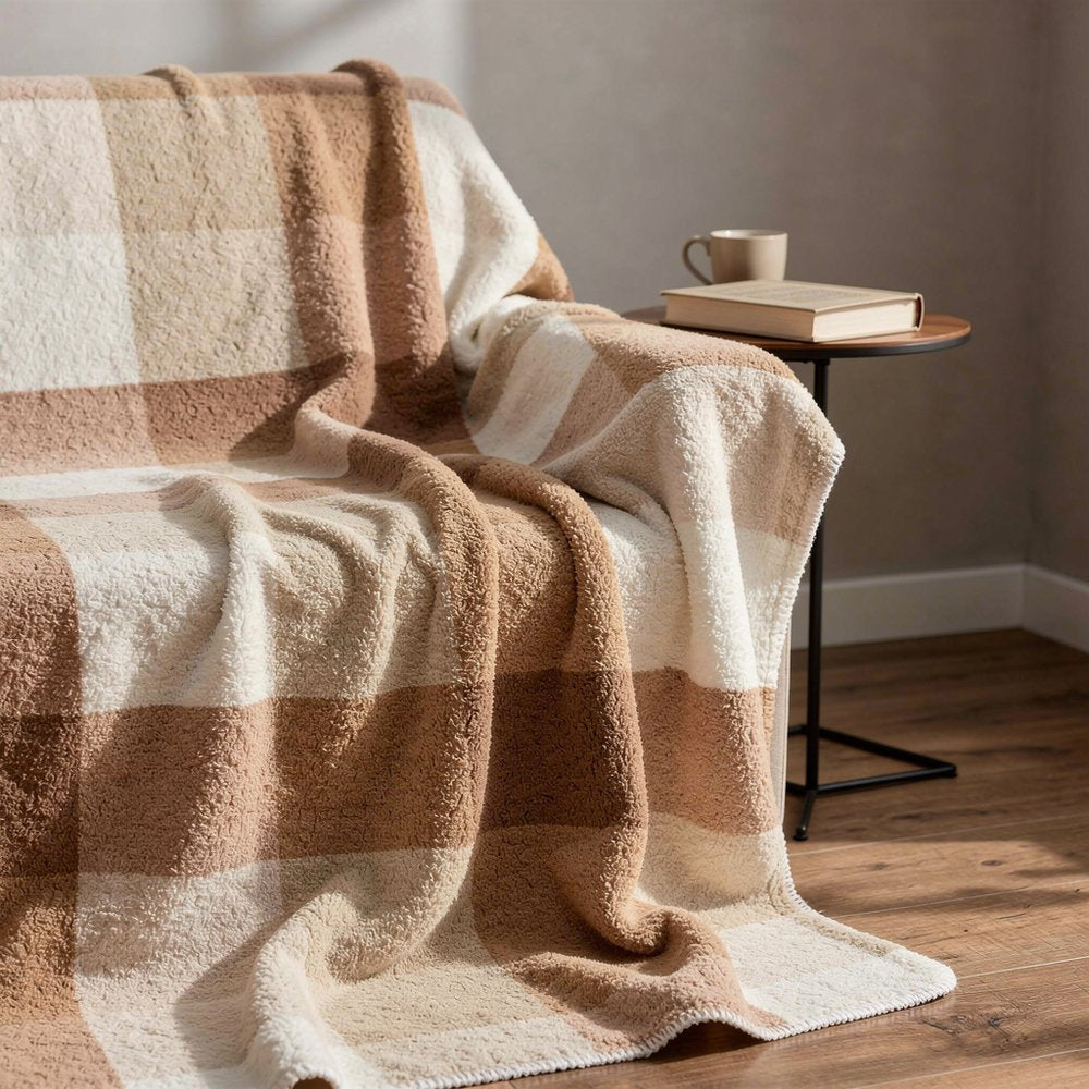 50" X 60" Ivory And Taupe Faux Sherpa Plaid Throw Blanket HomeRoots