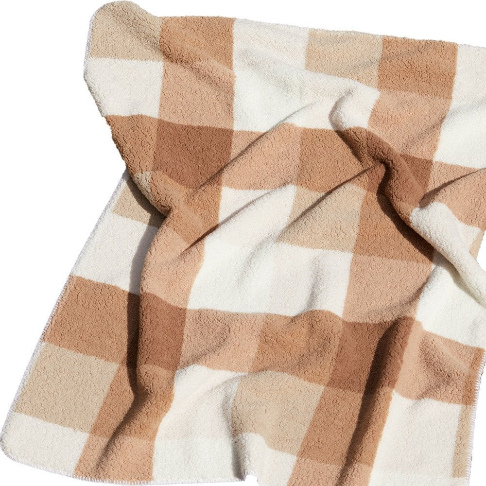 50" X 60" Ivory And Taupe Faux Sherpa Plaid Throw Blanket HomeRoots