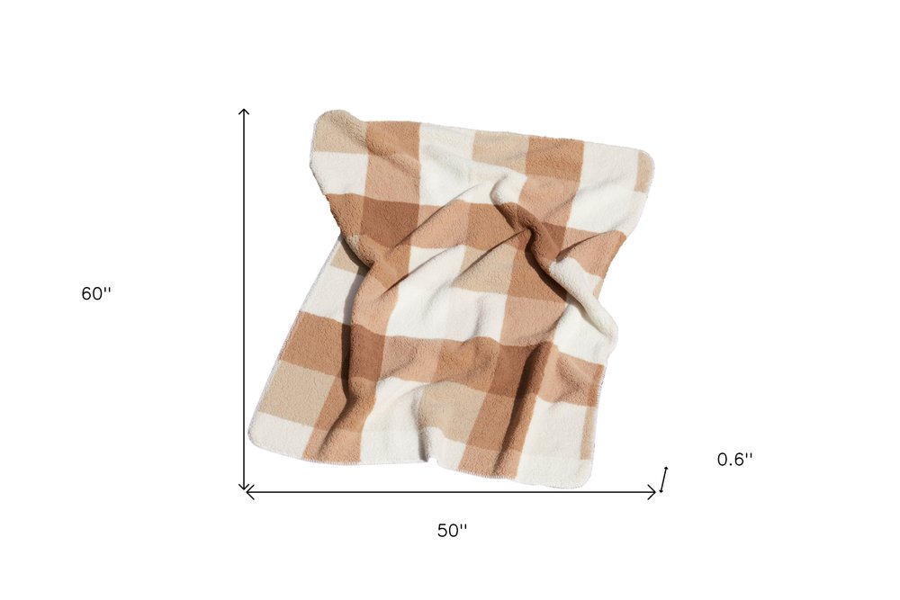 50" X 60" Ivory And Taupe Faux Sherpa Plaid Throw Blanket HomeRoots