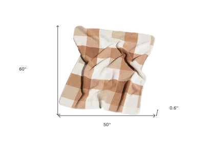 50" X 60" Ivory And Taupe Faux Sherpa Plaid Throw Blanket HomeRoots