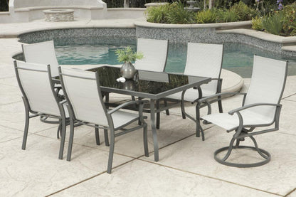 Seven Piece Black and Gray Rectangular Glass Dining Set with Six Chairs - FurniFindUSA