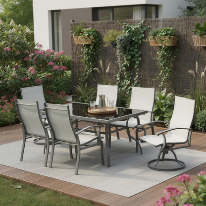 Seven Piece Black and Gray Rectangular Glass Dining Set with Six Chairs HomeRoots