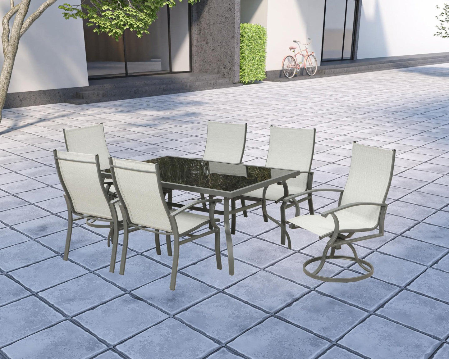 Seven Piece Black and Gray Rectangular Glass Dining Set with Six Chairs - FurniFindUSA