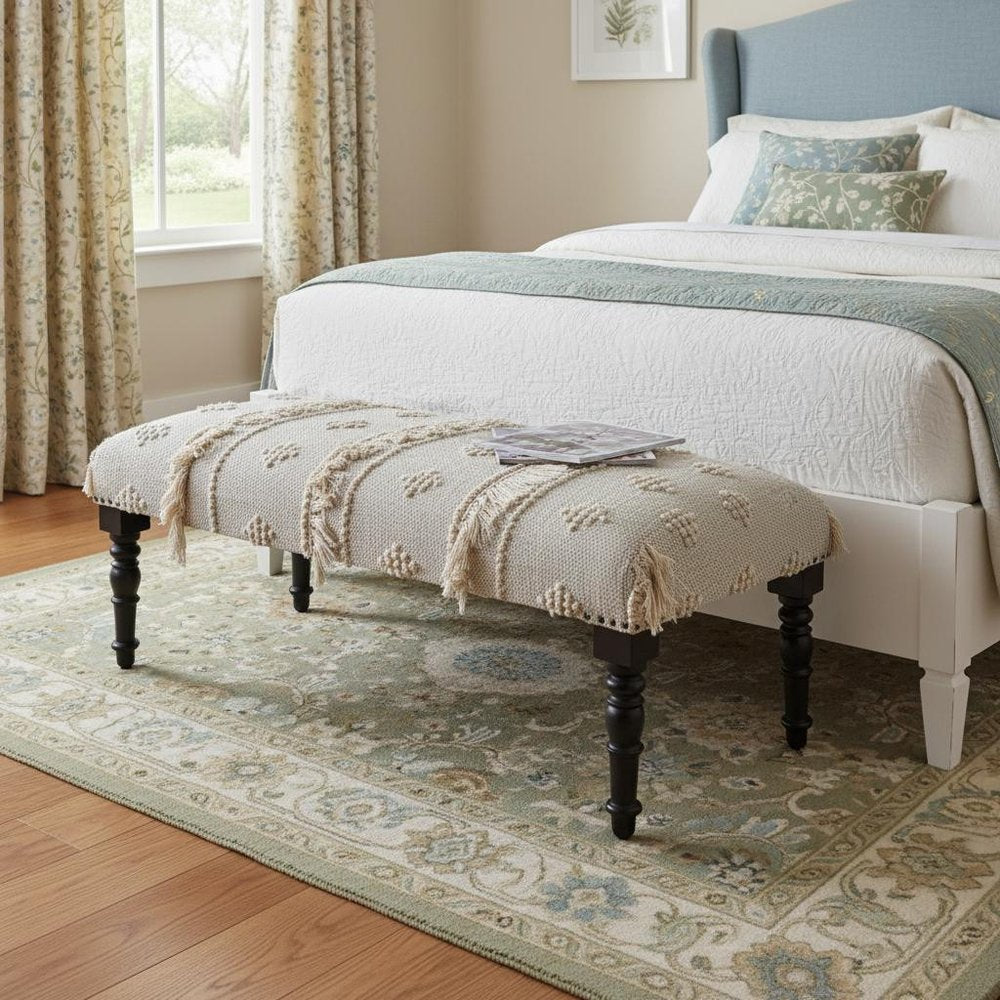 47" Cream And Black Leg Abstract Stripe and Dot Upholstery Bench HomeRoots